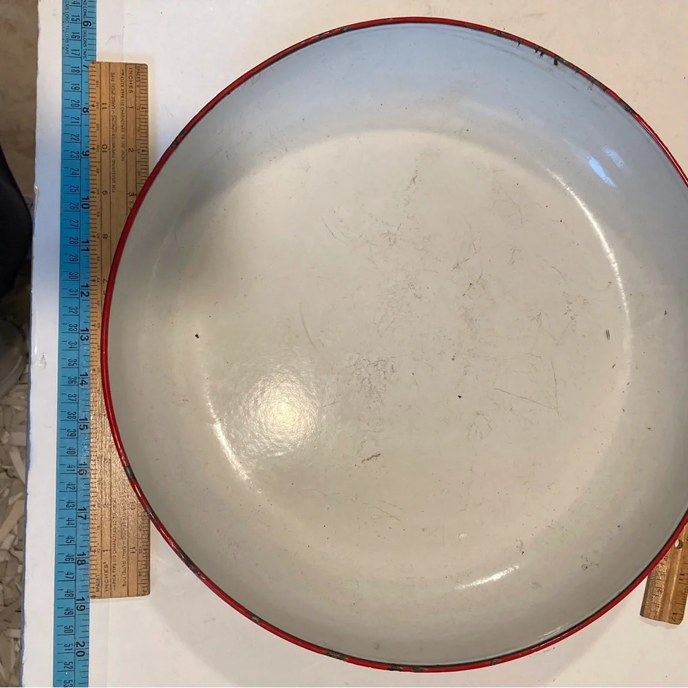 Enamelware BIG 14”X2.75” Bowl Red/White VTG No Chips Inside Tray  Just Rim